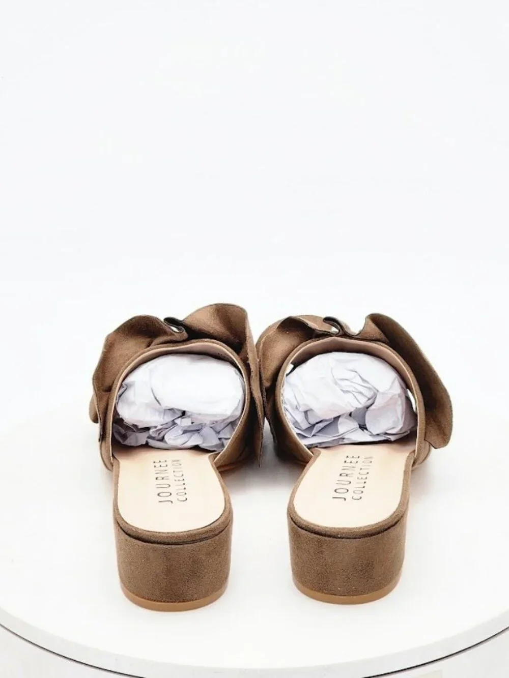Journee Collection Sabica Taupe Ruffle Slide Sandals Block Heel Women's Size 5.5